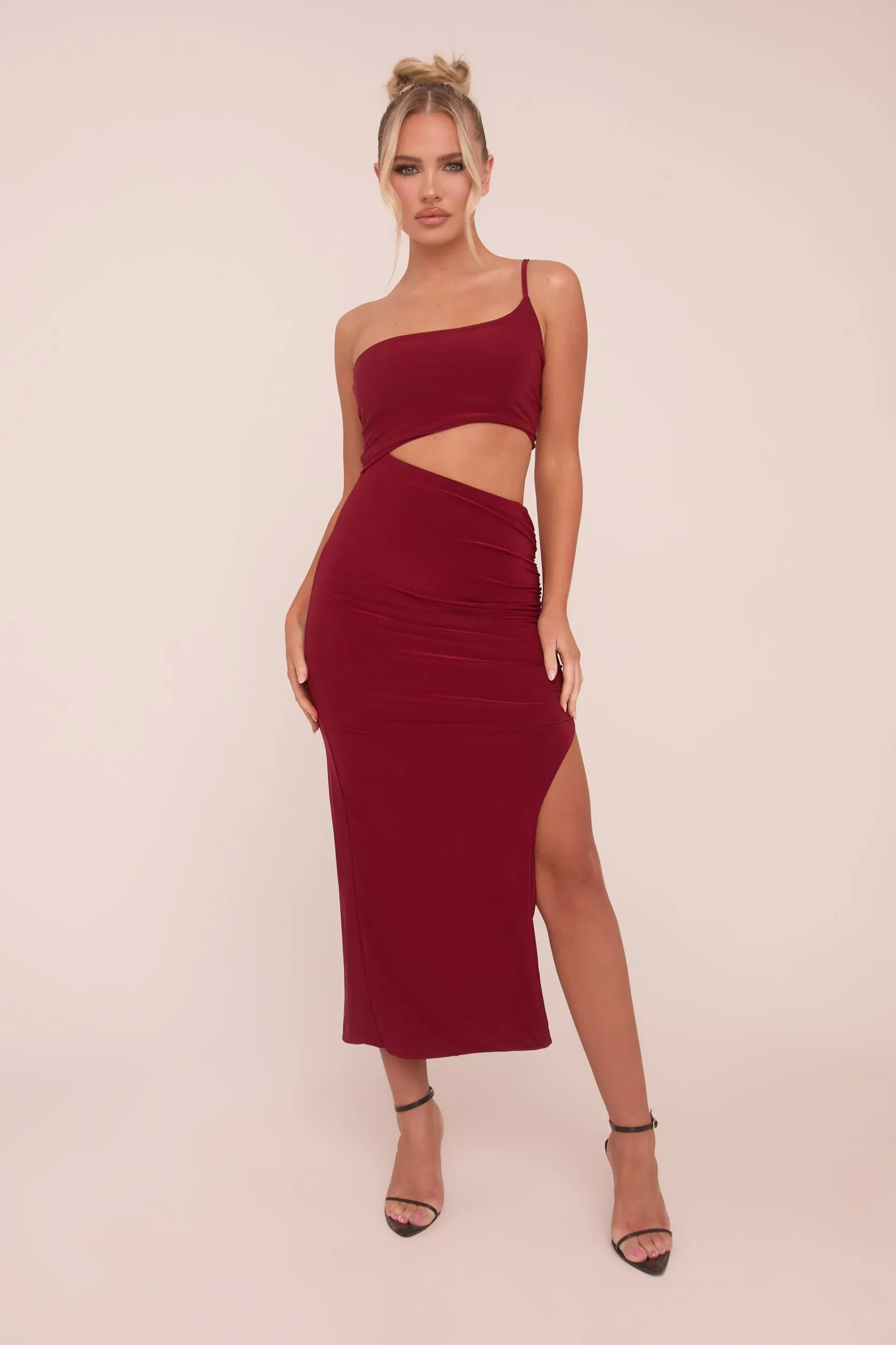 Burgundy One Shoulder Cut Out Midi Dress - Antonia