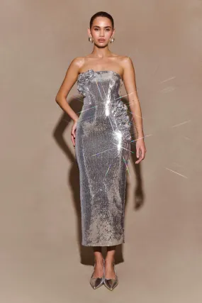 Cassia Strapless Sequin Rose Midi Dress - Silver