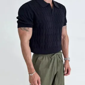 Casual Jacquard Knit Polo Shirt Men Fashion Solid Elastic Knitted Slim Tops Summer Vintage Short Sleeve Polo Tee Mens Streetwear