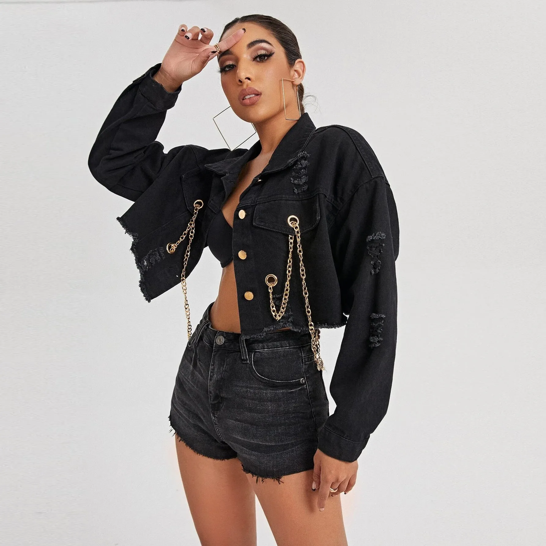 Chain Backless Wholesale Denim Short Jacket