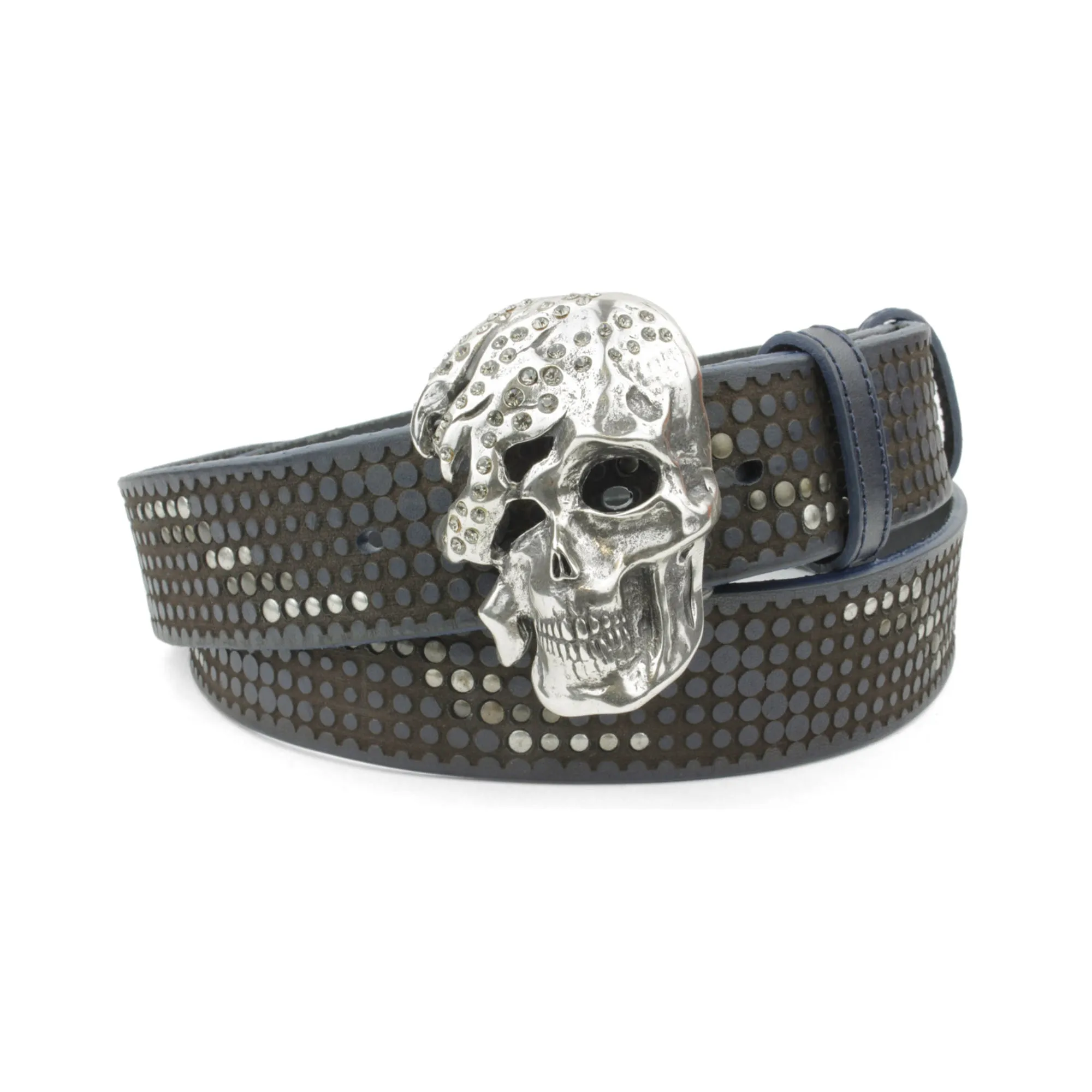 Clyde Navy Studded Crystal Skull Belt