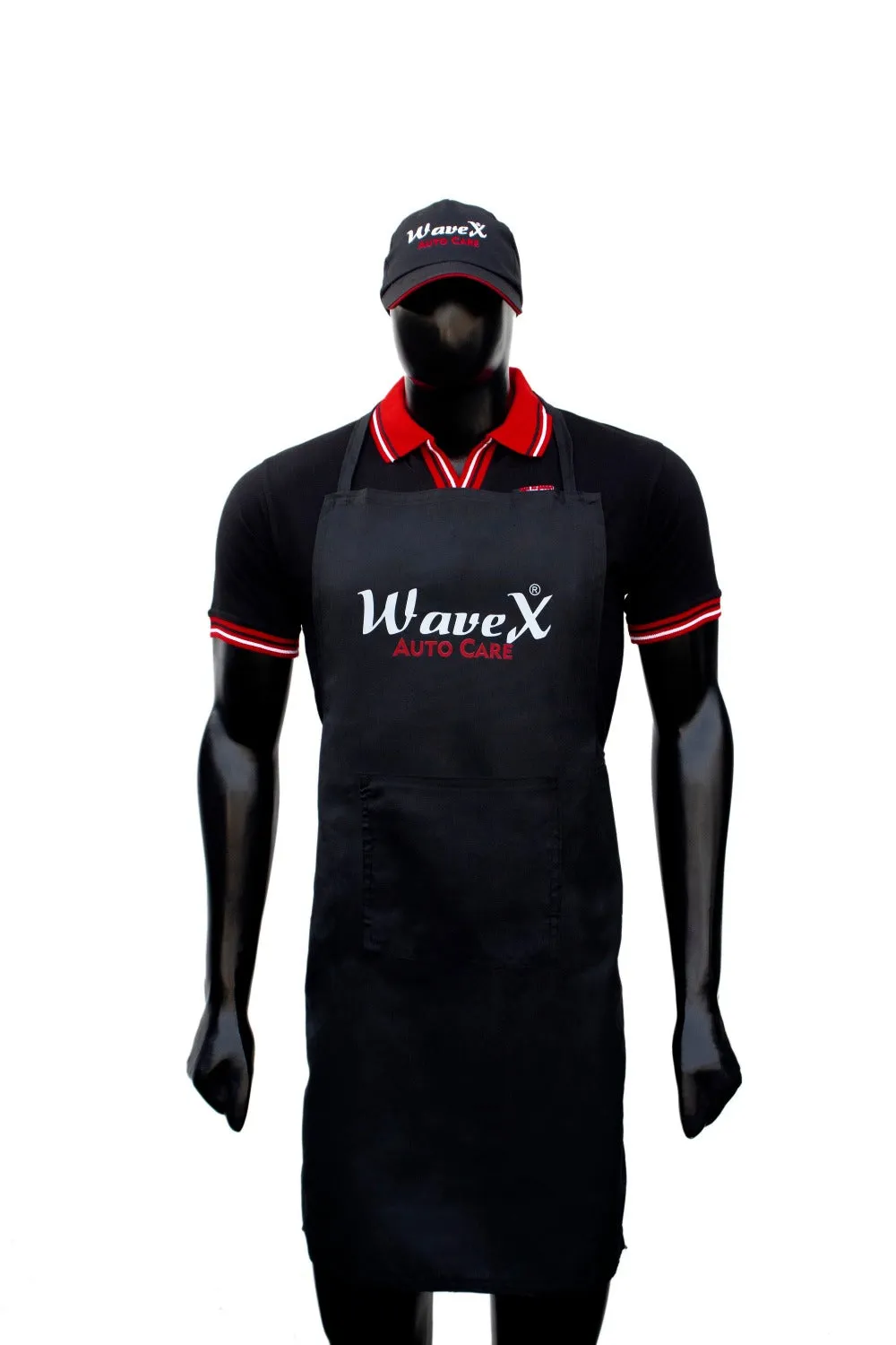 Detailing Merchandise Combo 1- WaveX Red and Black Collar T-Shirt   WaveX Detailing Apron   WaveX Detailing Cap