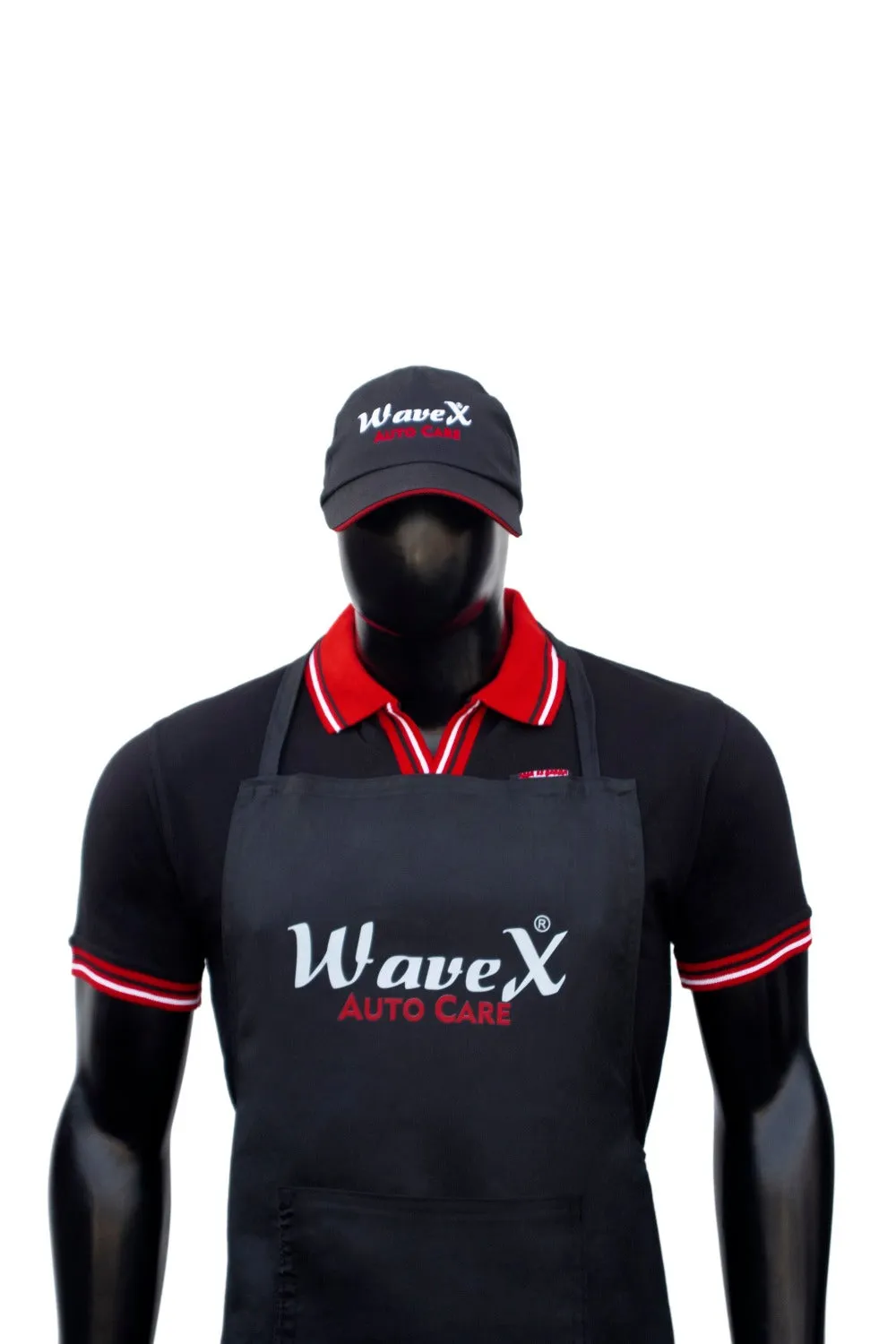 Detailing Merchandise Combo 1- WaveX Red and Black Collar T-Shirt   WaveX Detailing Apron   WaveX Detailing Cap