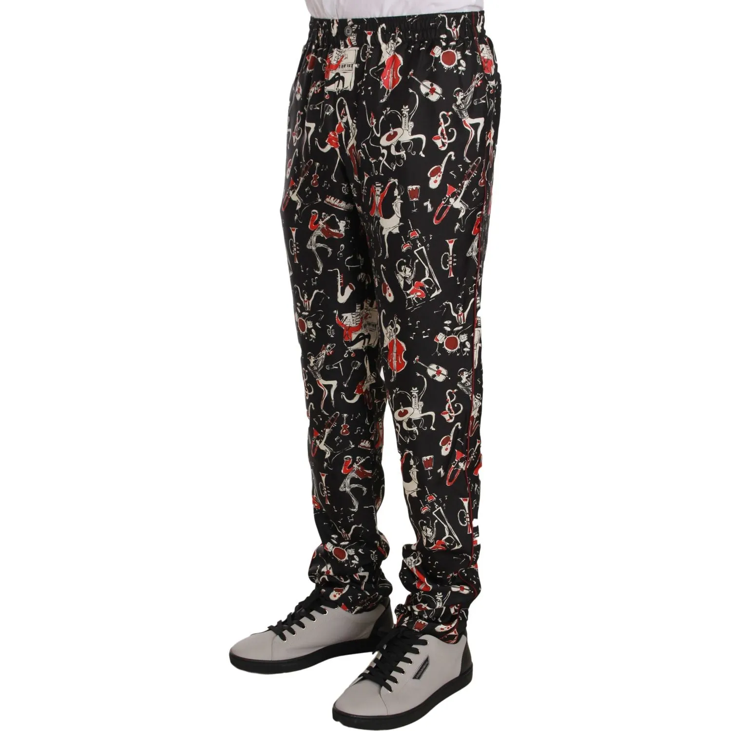 Dolce & Gabbana Elegant Black Silk Lounge Pants with Red Print