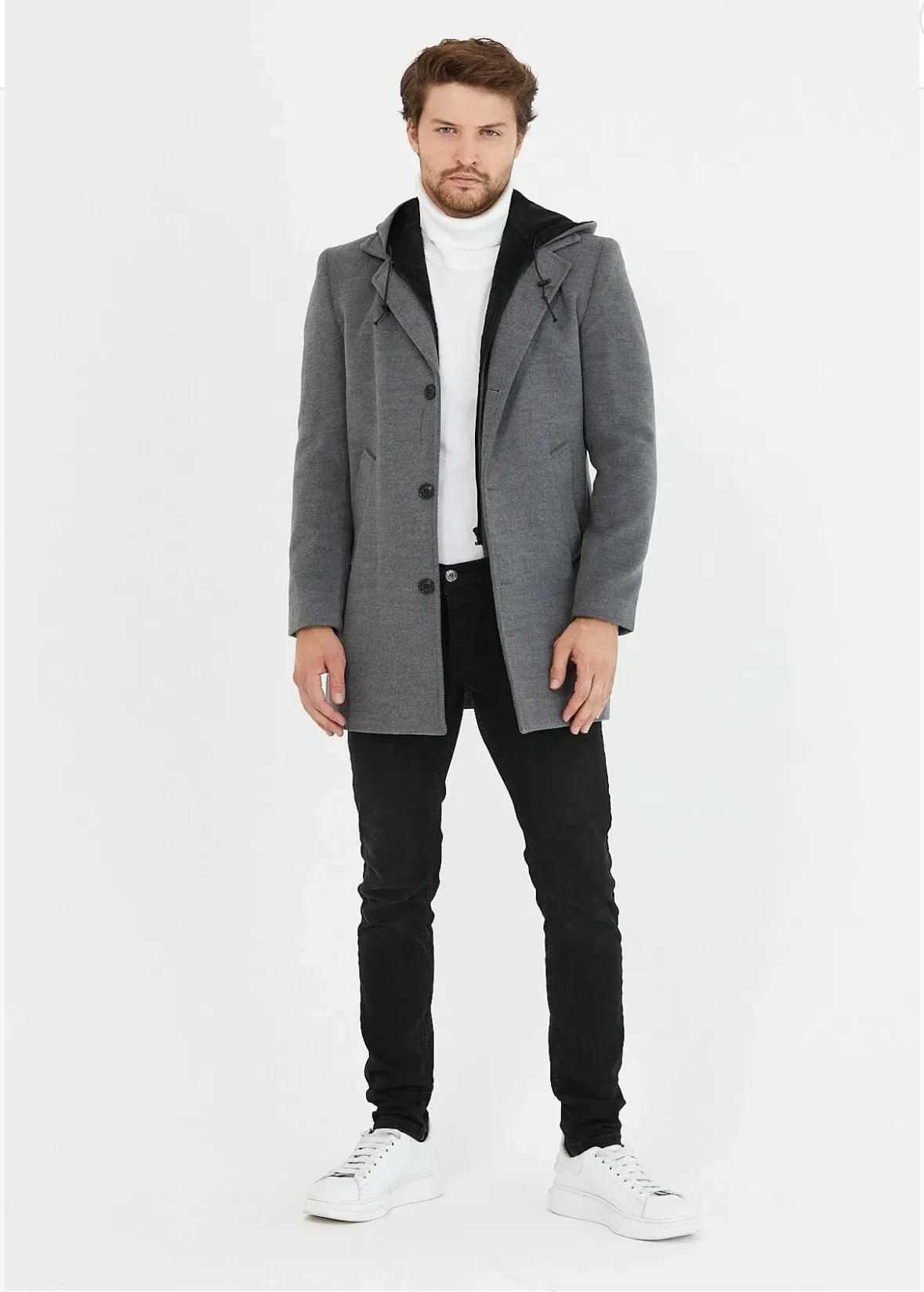 [Drew] Charcoal Grey Single-Breasted Pea Coat with Removable Hood –100% Wool