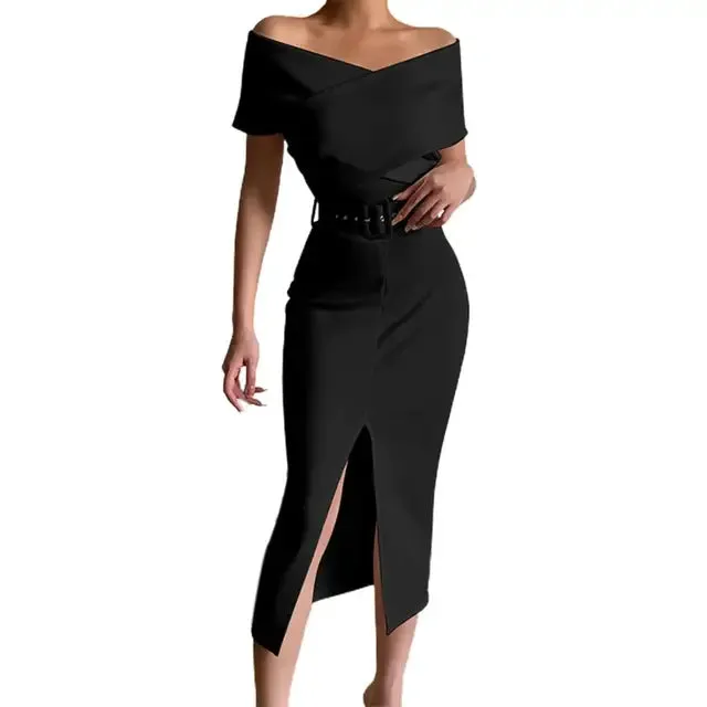 Elegant Off Shoulder Mid-Calf Dress