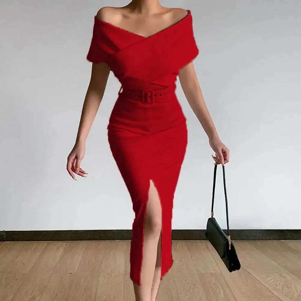 Elegant Off Shoulder Mid-Calf Dress