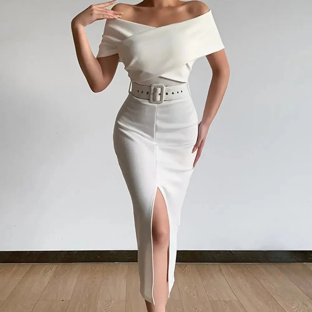 Elegant Off Shoulder Mid-Calf Dress