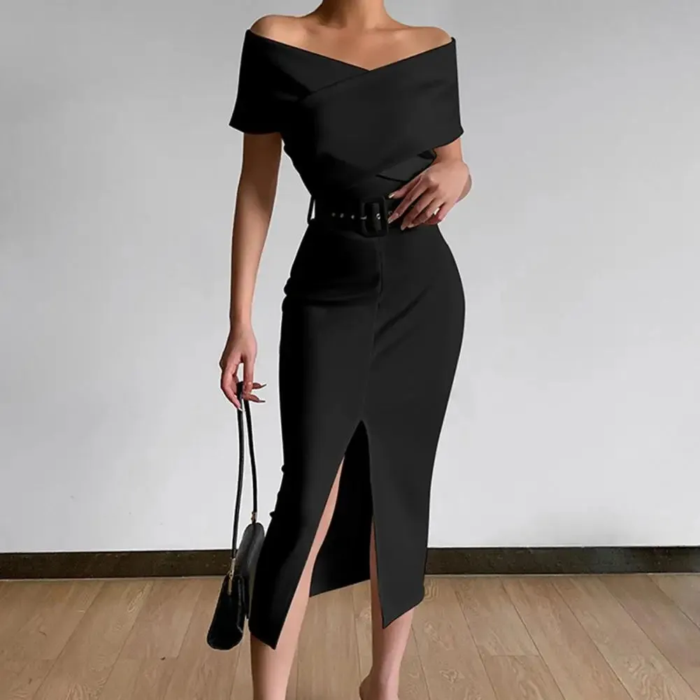 Elegant Off Shoulder Mid-Calf Dress