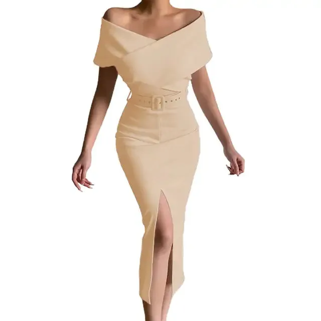 Elegant Off Shoulder Mid-Calf Dress