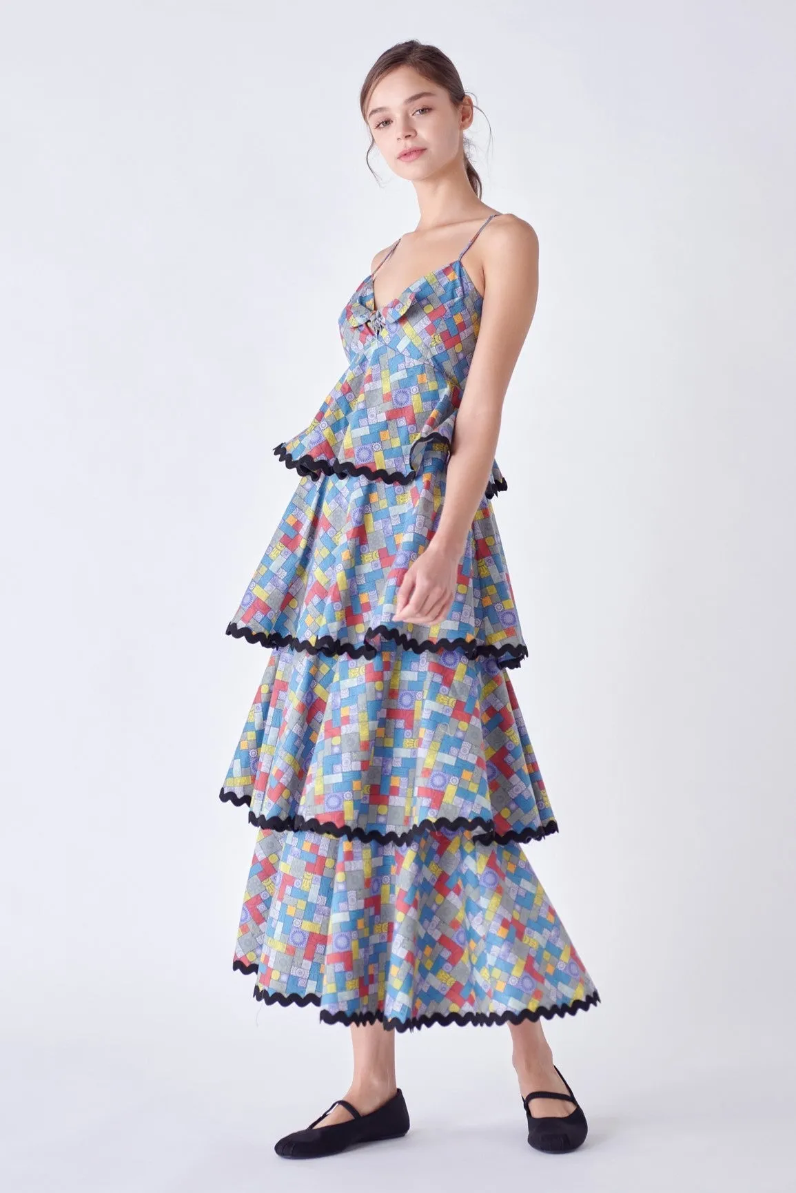English Factory - Grid Print Tiered Maxi Dress with Ric Rac Trim