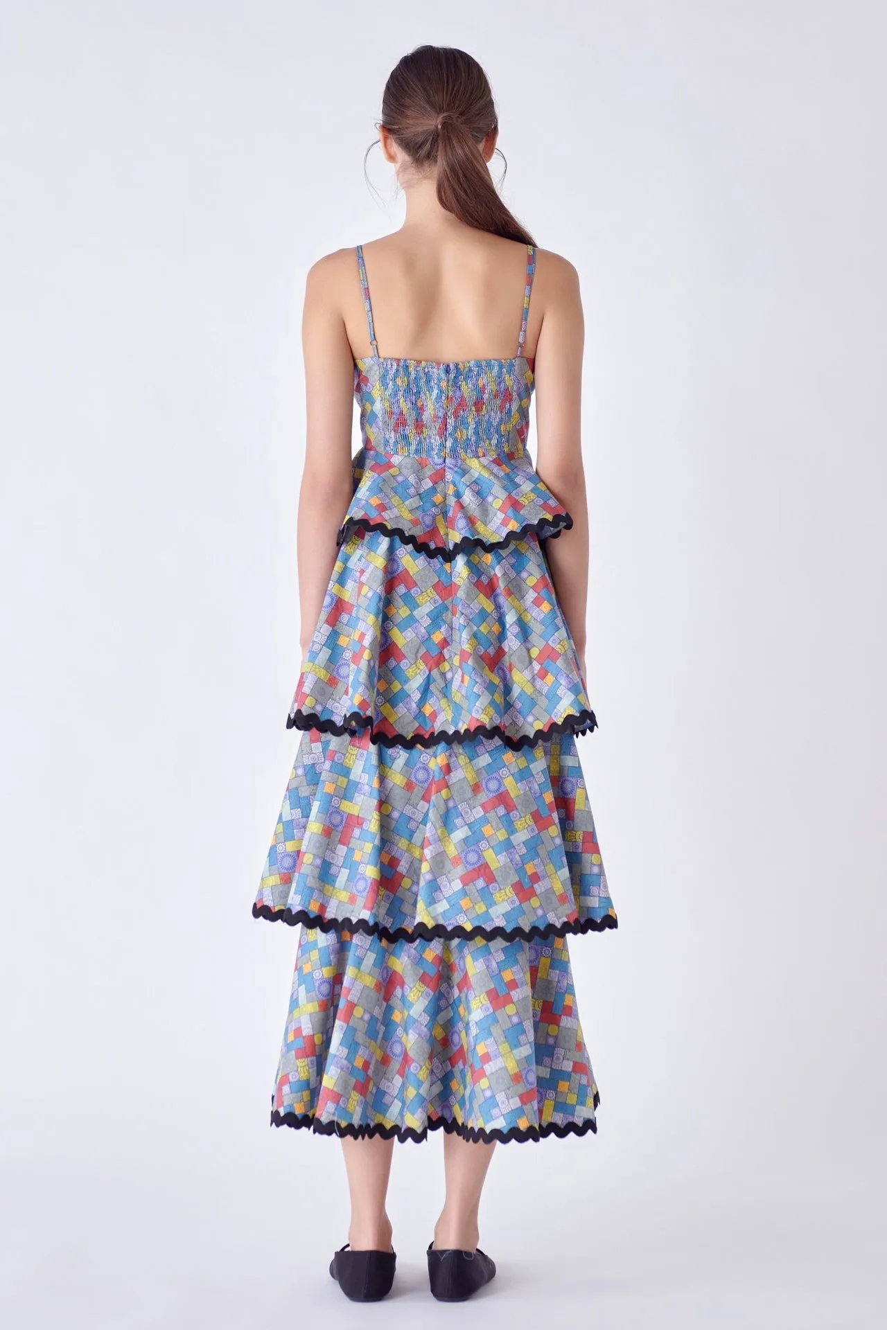 English Factory - Grid Print Tiered Maxi Dress with Ric Rac Trim