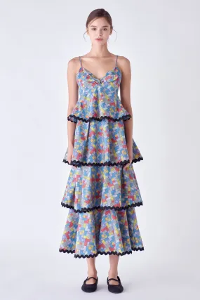 English Factory - Grid Print Tiered Maxi Dress with Ric Rac Trim