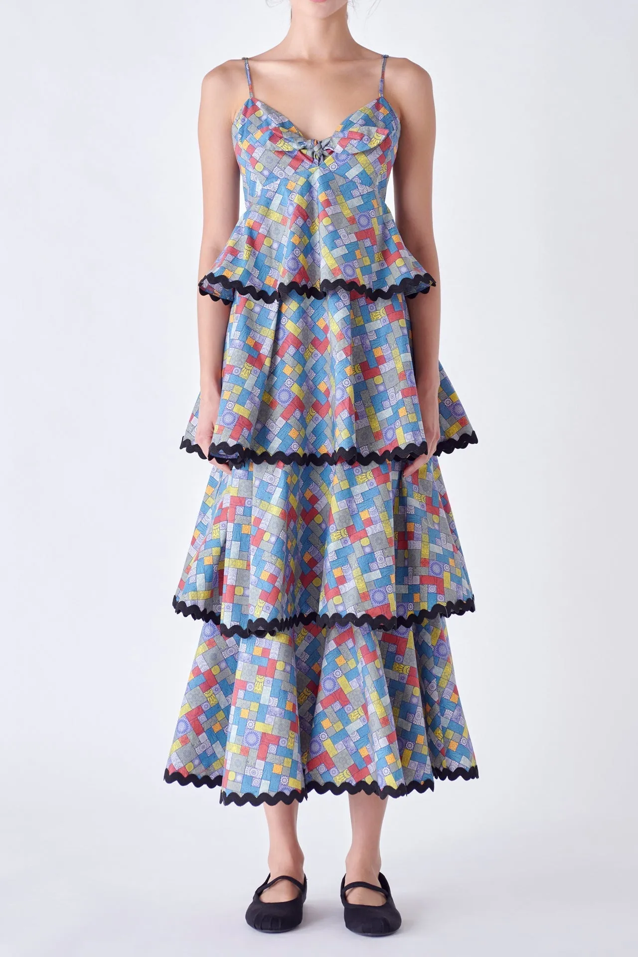 English Factory - Grid Print Tiered Maxi Dress with Ric Rac Trim