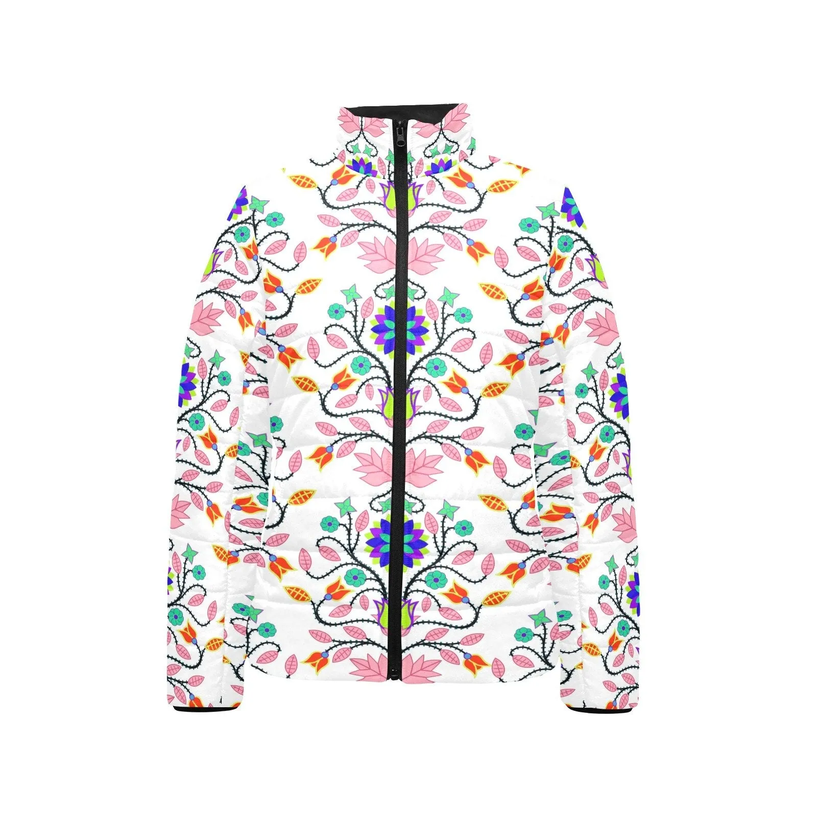 Floral Beadwork Four Clans White Women's Stand Collar Padded Jacket
