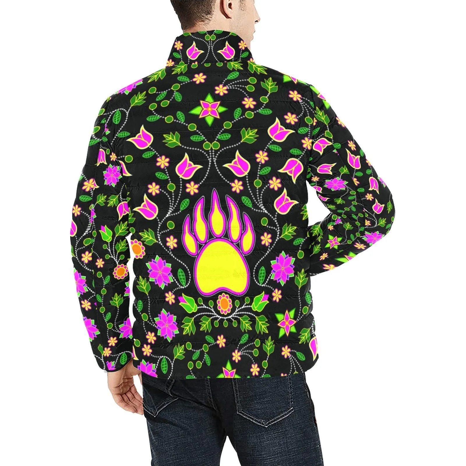 Floral Bearpaw Pink and Yellow Men's Stand Collar Padded Jacket