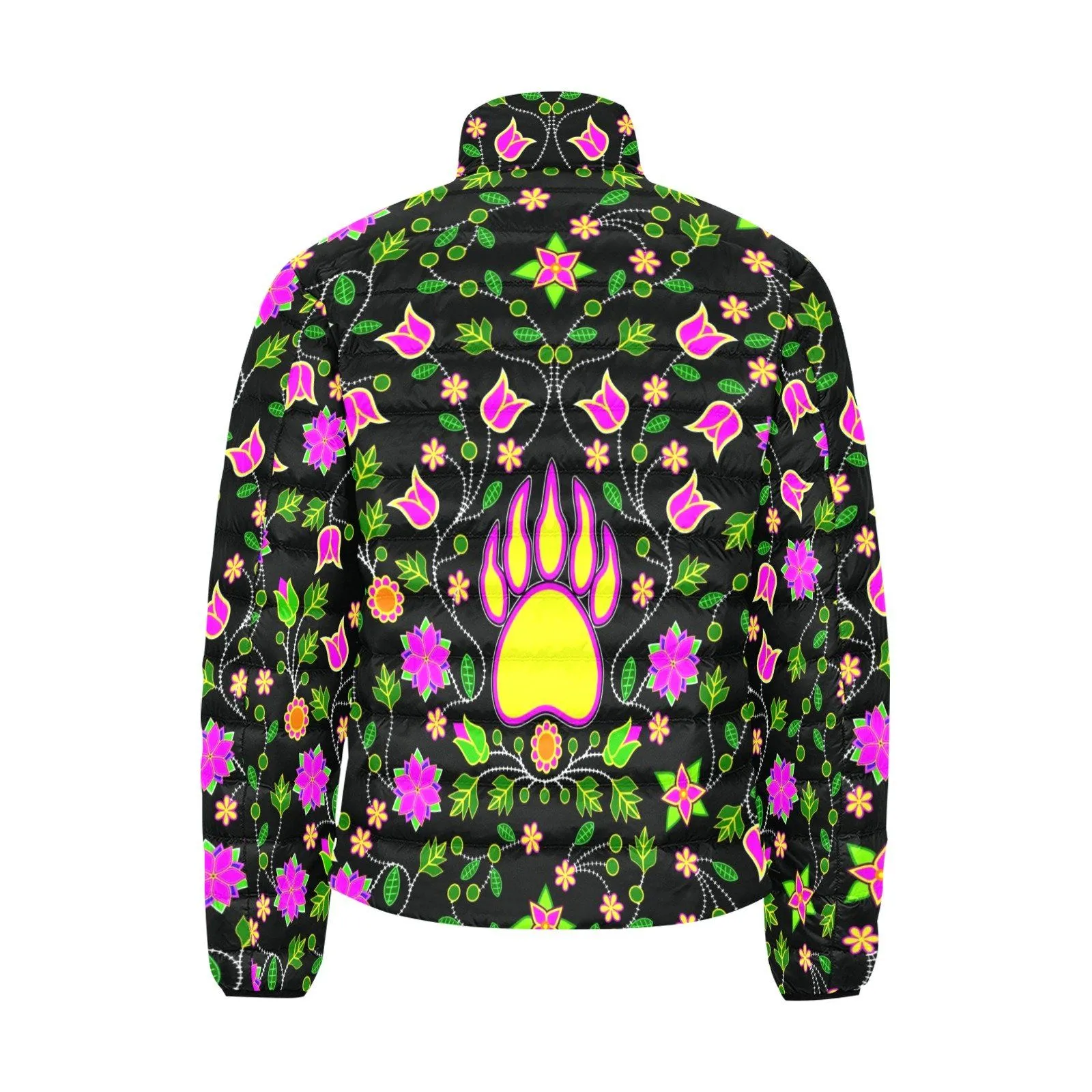 Floral Bearpaw Pink and Yellow Men's Stand Collar Padded Jacket