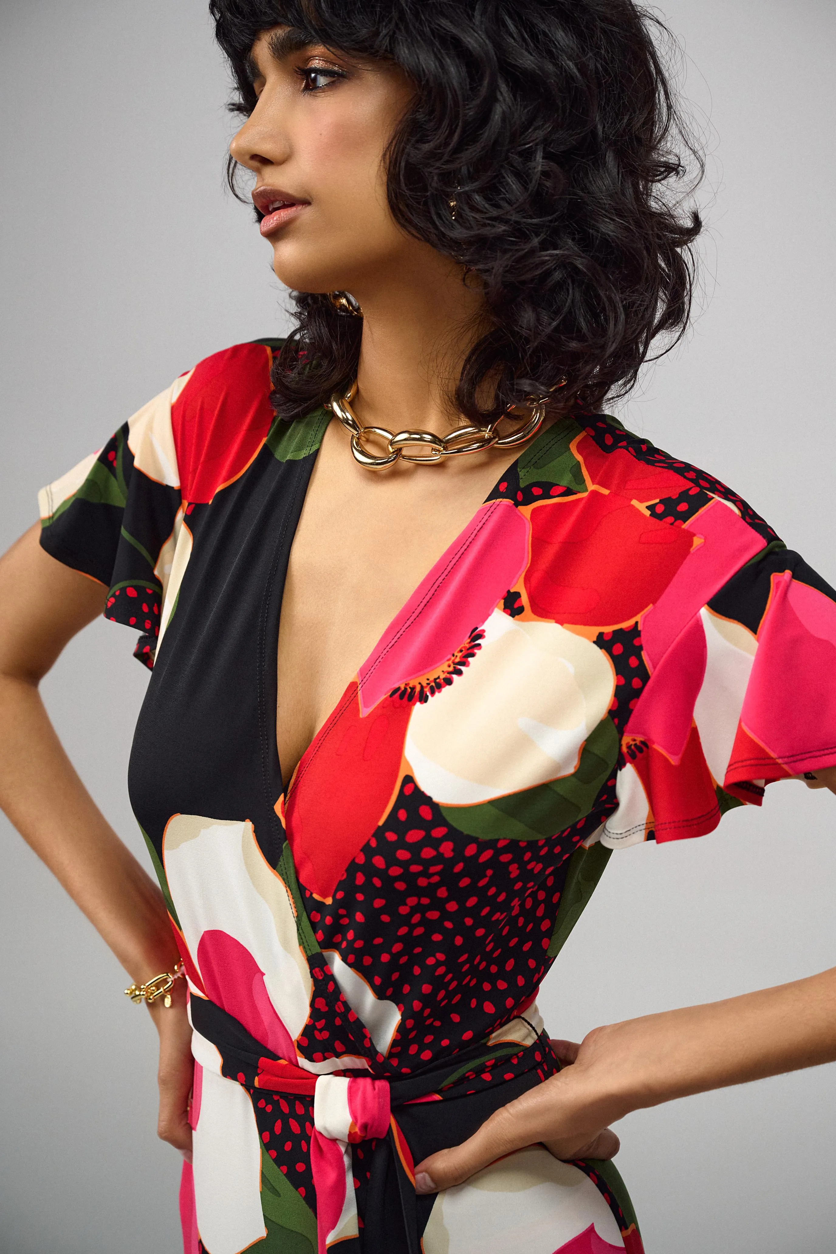 Floral Print Silky Knit Flowy Wrap Dress