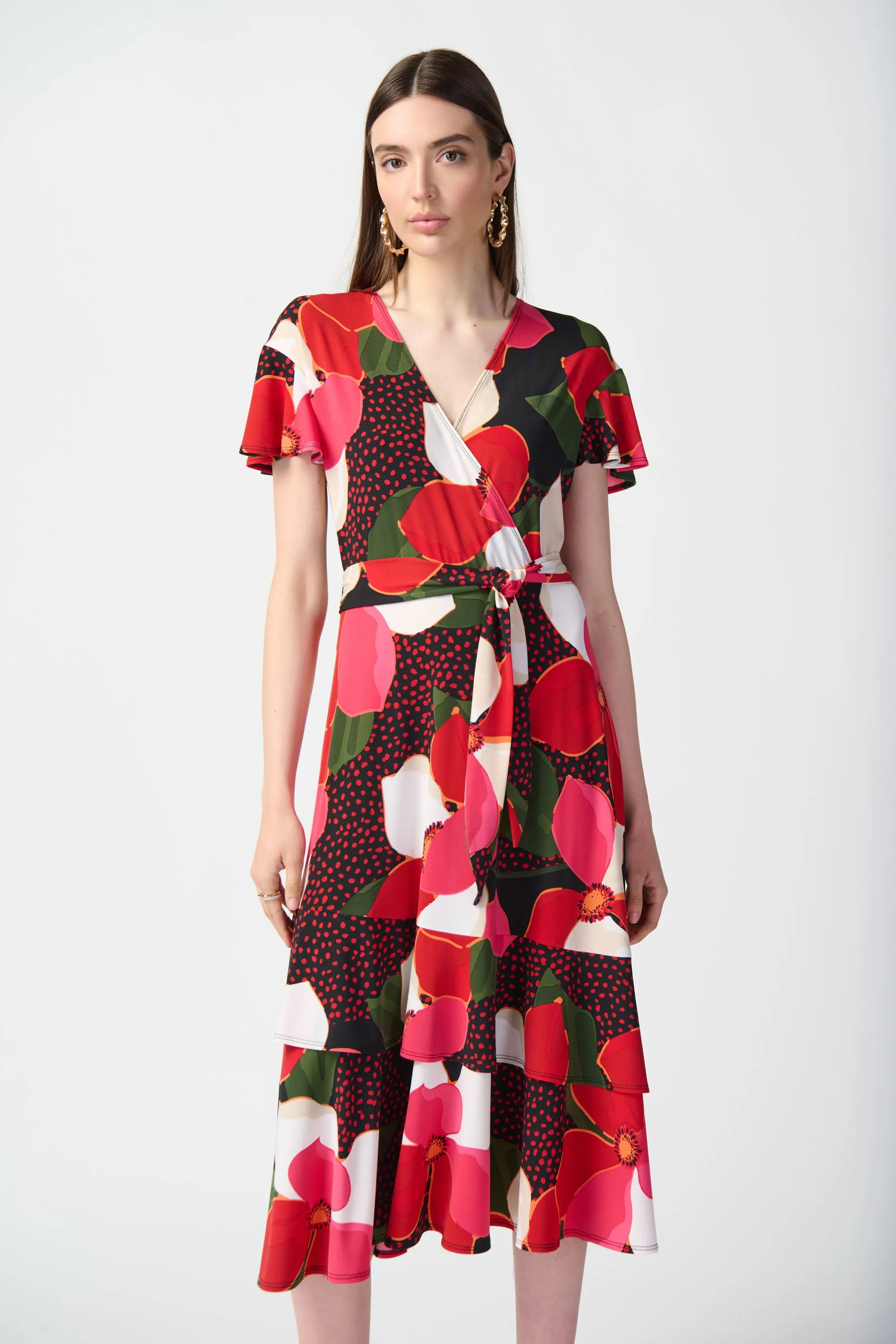 Floral Print Silky Knit Flowy Wrap Dress