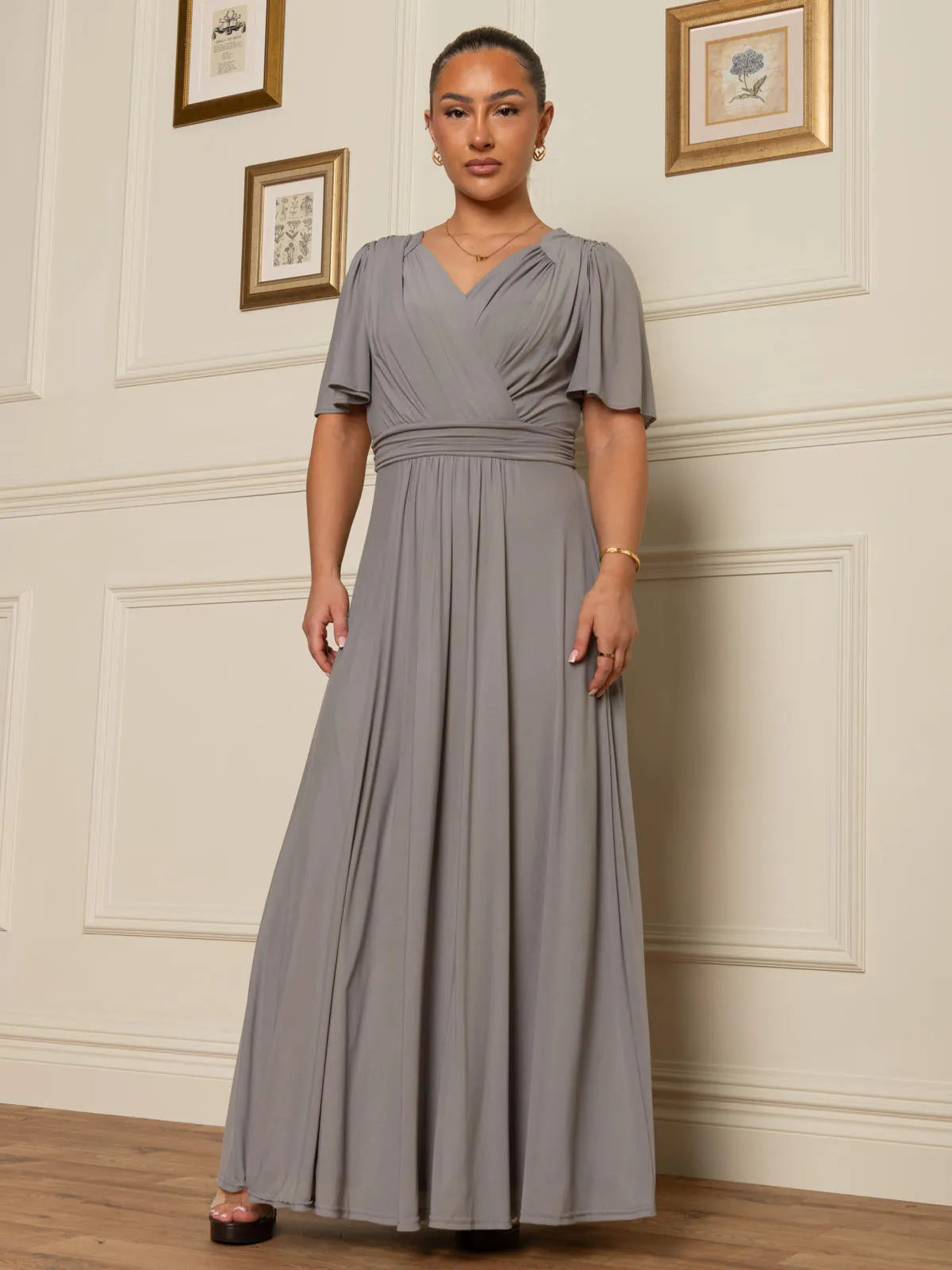 Flute Sleeve Mesh Maxi Dress, Grey
