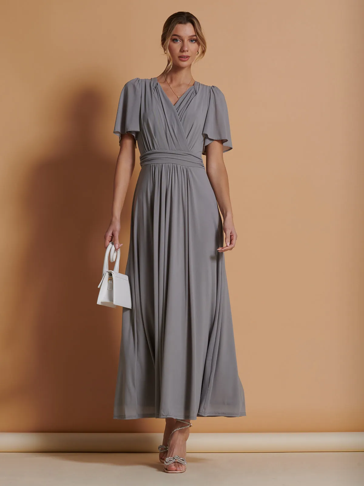 Flute Sleeve Mesh Maxi Dress, Grey