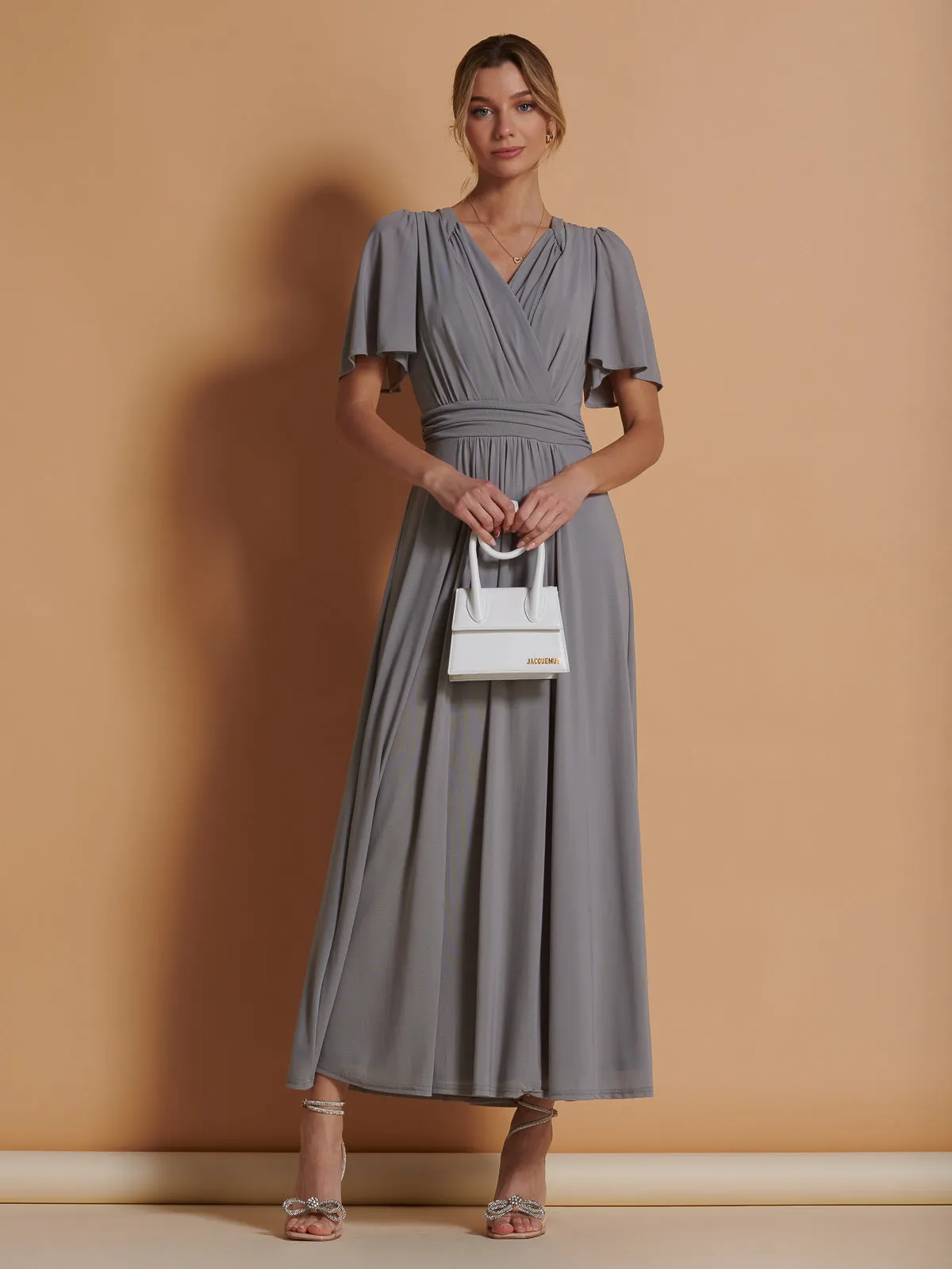Flute Sleeve Mesh Maxi Dress, Grey
