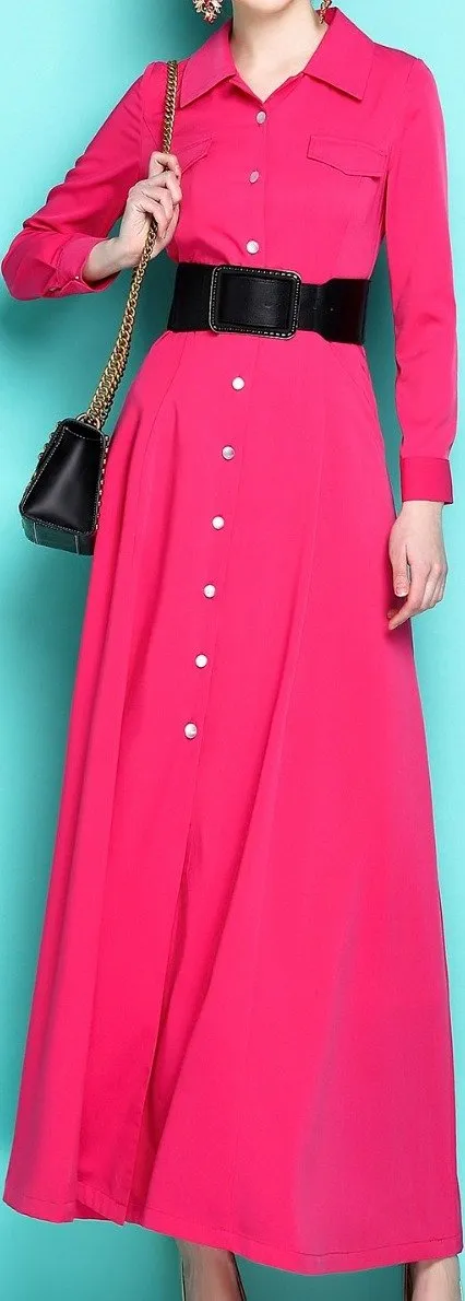 Fuchsia Belted Maxi Shirt Dress