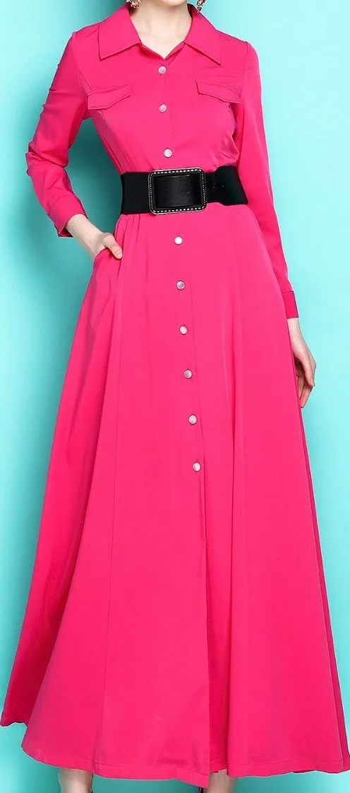 Fuchsia Belted Maxi Shirt Dress