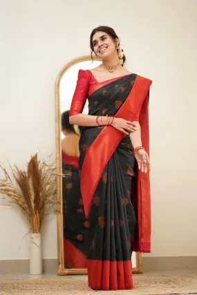 Fugacious Black Soft Silk Saree with Propinquity Blouse Piece