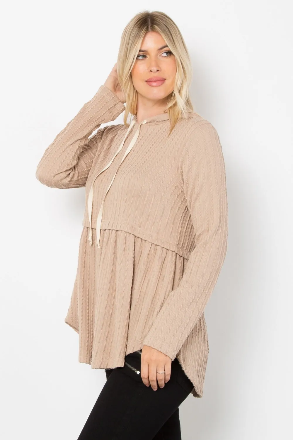 Full Size Long Sleeve Tan Cable Knit Hoodie