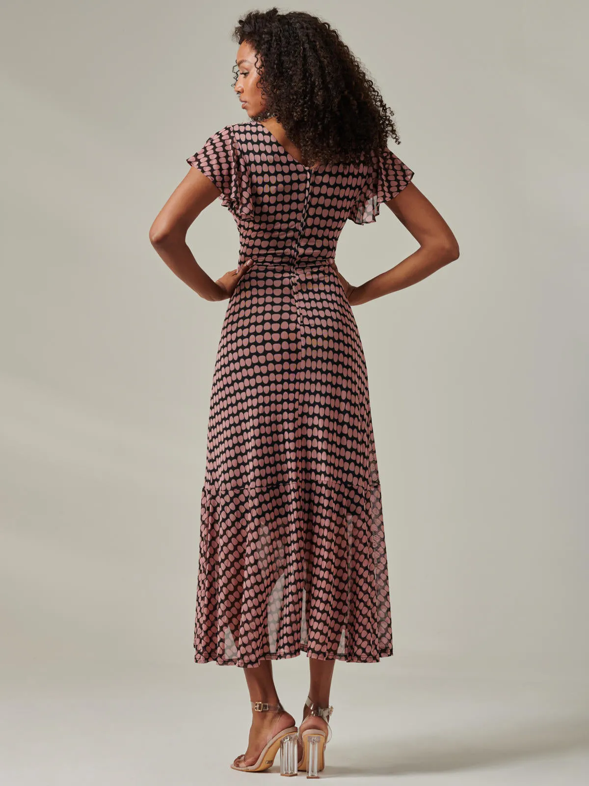 Geo Print Ruffle Hem Mesh Maxi Dress, Pink Geo