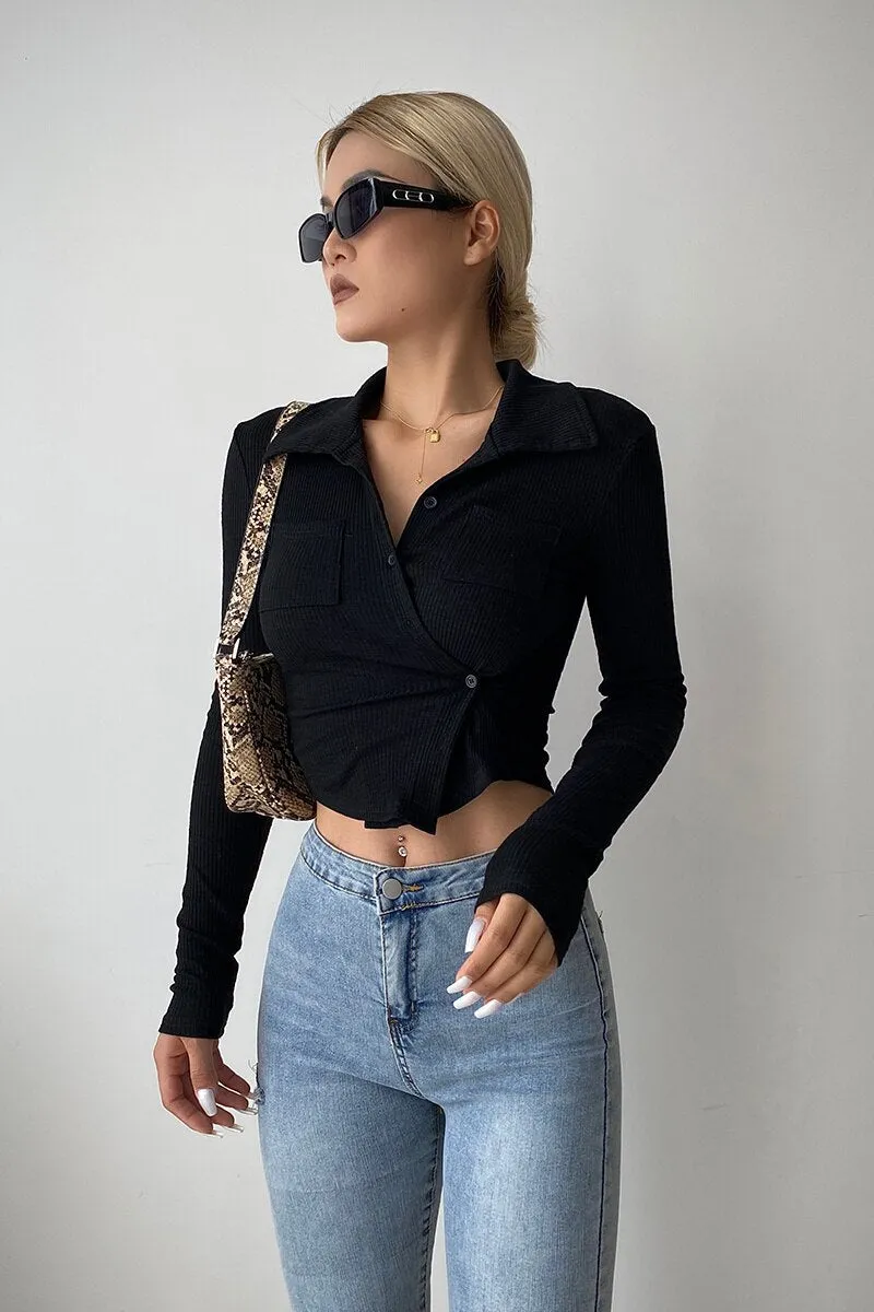 Graduation Gifts  Long Sleeve POLO Collar Shirt Women's New Tight Short Slim Top Autumn Irregular Blouse Sexy Hot Korean Tops 2021 7ZUY