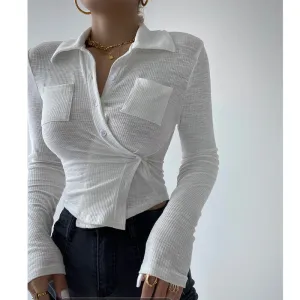 Graduation Gifts  Long Sleeve POLO Collar Shirt Women's New Tight Short Slim Top Autumn Irregular Blouse Sexy Hot Korean Tops 2021 7ZUY