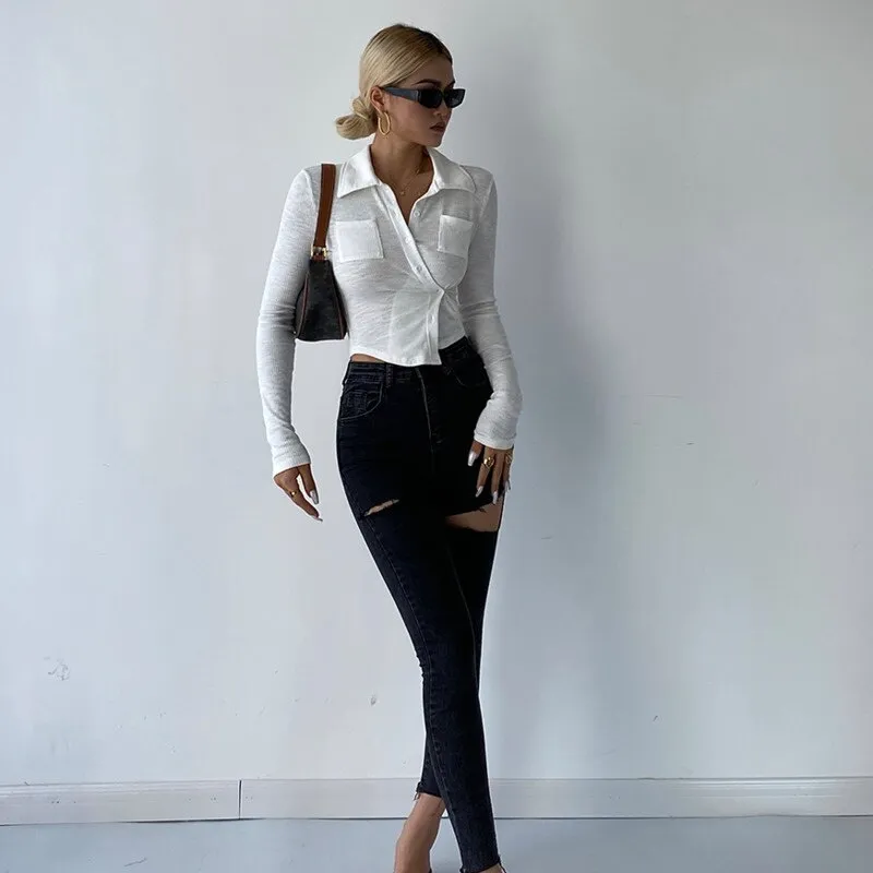 Graduation Gifts  Long Sleeve POLO Collar Shirt Women's New Tight Short Slim Top Autumn Irregular Blouse Sexy Hot Korean Tops 2021 7ZUY