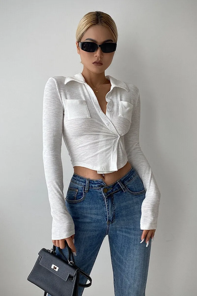 Graduation Gifts  Long Sleeve POLO Collar Shirt Women's New Tight Short Slim Top Autumn Irregular Blouse Sexy Hot Korean Tops 2021 7ZUY
