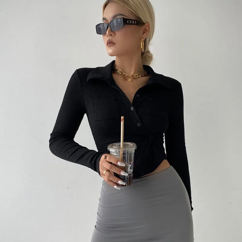 Graduation Gifts  Long Sleeve POLO Collar Shirt Women's New Tight Short Slim Top Autumn Irregular Blouse Sexy Hot Korean Tops 2021 7ZUY