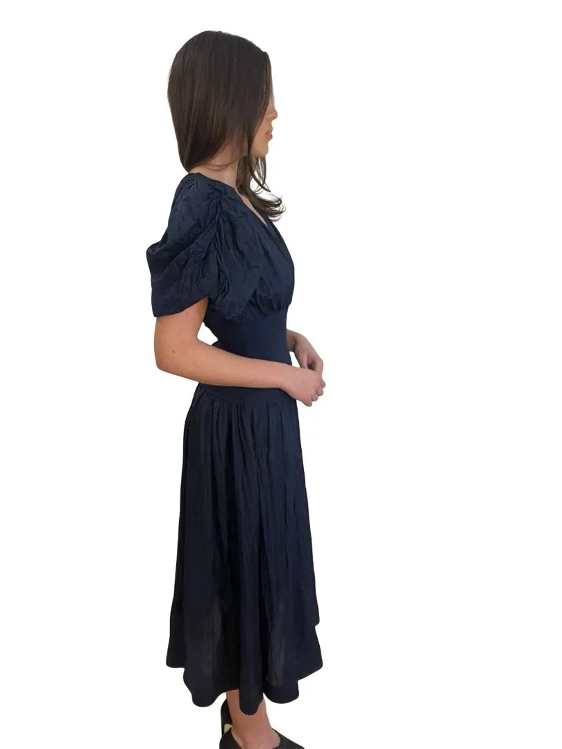 Husk Navy Silk Maxi V-Neck Dress w Puffy Sleeves. Size: 8
