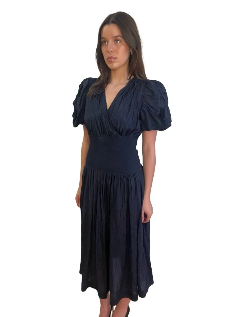 Husk Navy Silk Maxi V-Neck Dress w Puffy Sleeves. Size: 8
