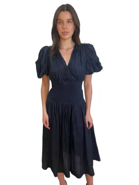Husk Navy Silk Maxi V-Neck Dress w Puffy Sleeves. Size: 8