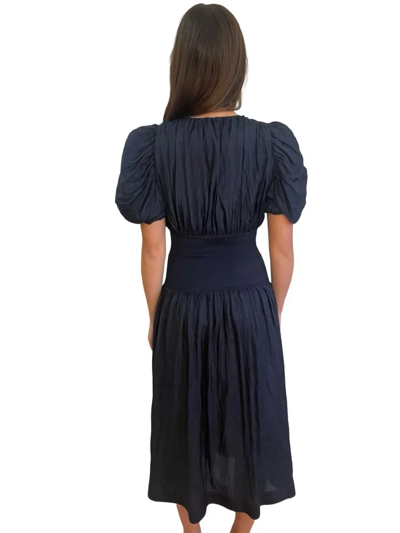 Husk Navy Silk Maxi V-Neck Dress w Puffy Sleeves. Size: 8