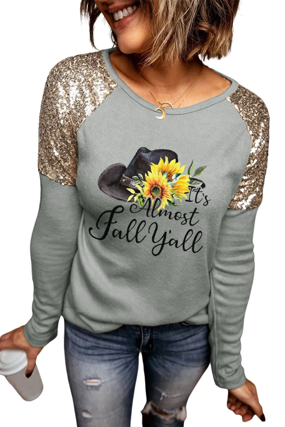It's Almost Fall Sunflower Hat Graphic Sequin Shoulder Long Sleeve Top
