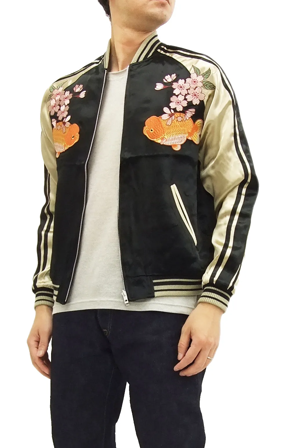 Japanesque Script Japanese Souvenir Jacket 3RSJ-031 Goldfish Men's Sukajan Black/Gold