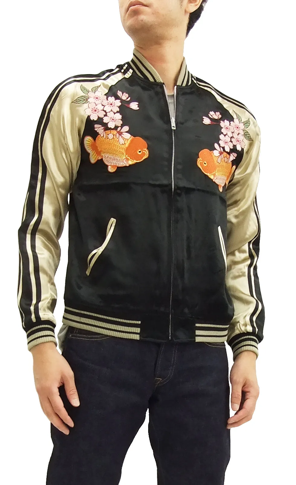 Japanesque Script Japanese Souvenir Jacket 3RSJ-031 Goldfish Men's Sukajan Black/Gold