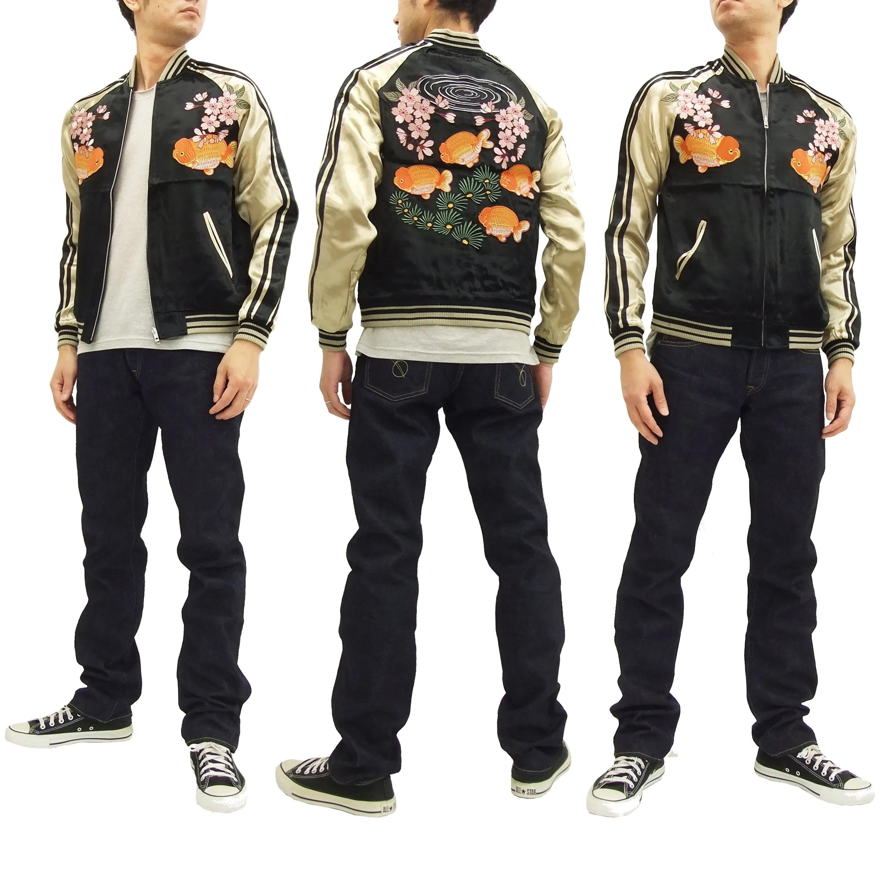 Japanesque Script Japanese Souvenir Jacket 3RSJ-031 Goldfish Men's Sukajan Black/Gold