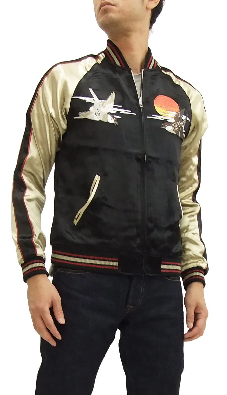 Japanesque Script Japanese Souvenir Jacket 3RSJ-034 Sparrows Men's Sukajan Black/Gold