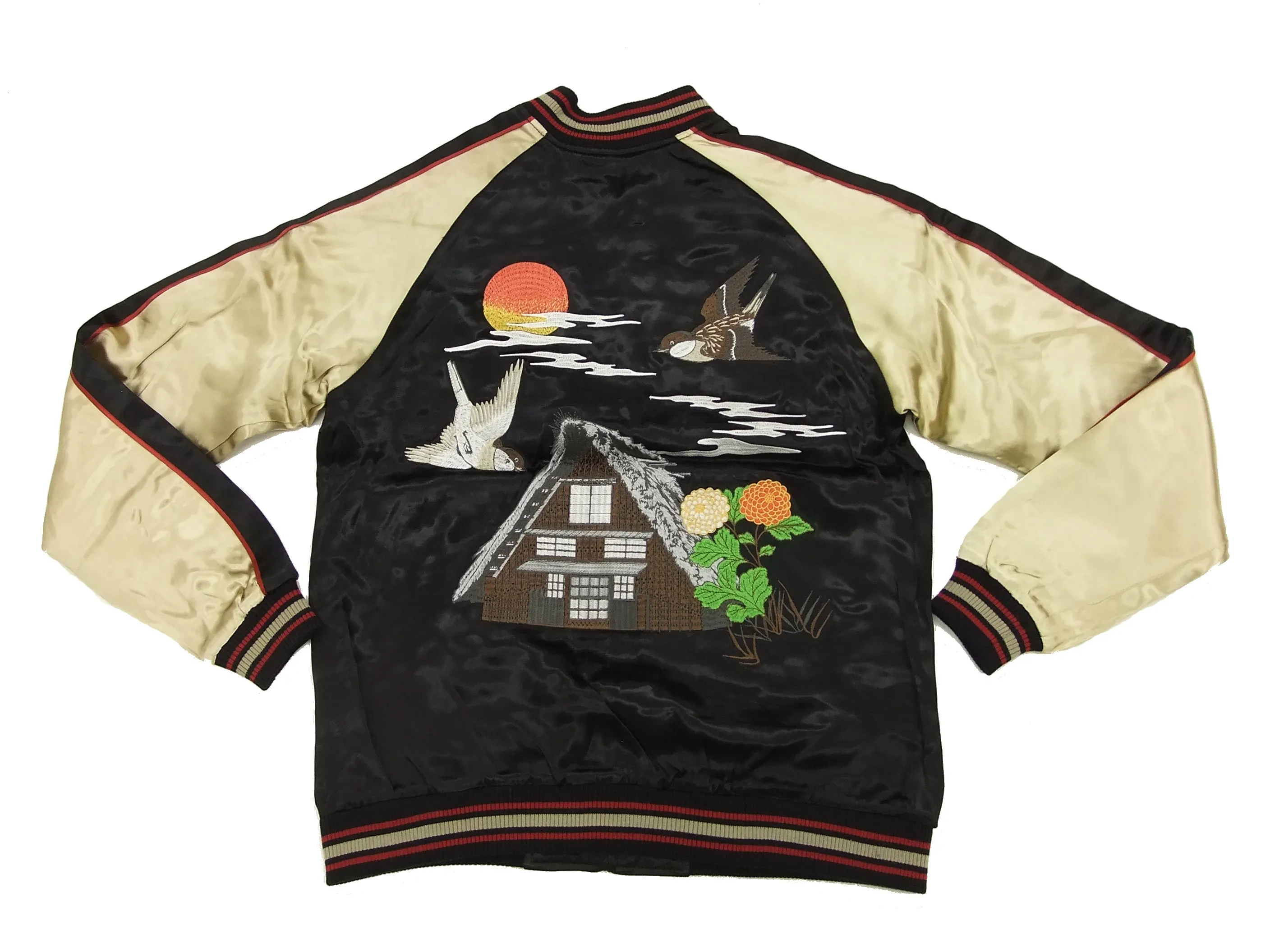 Japanesque Script Japanese Souvenir Jacket 3RSJ-034 Sparrows Men's Sukajan Black/Gold