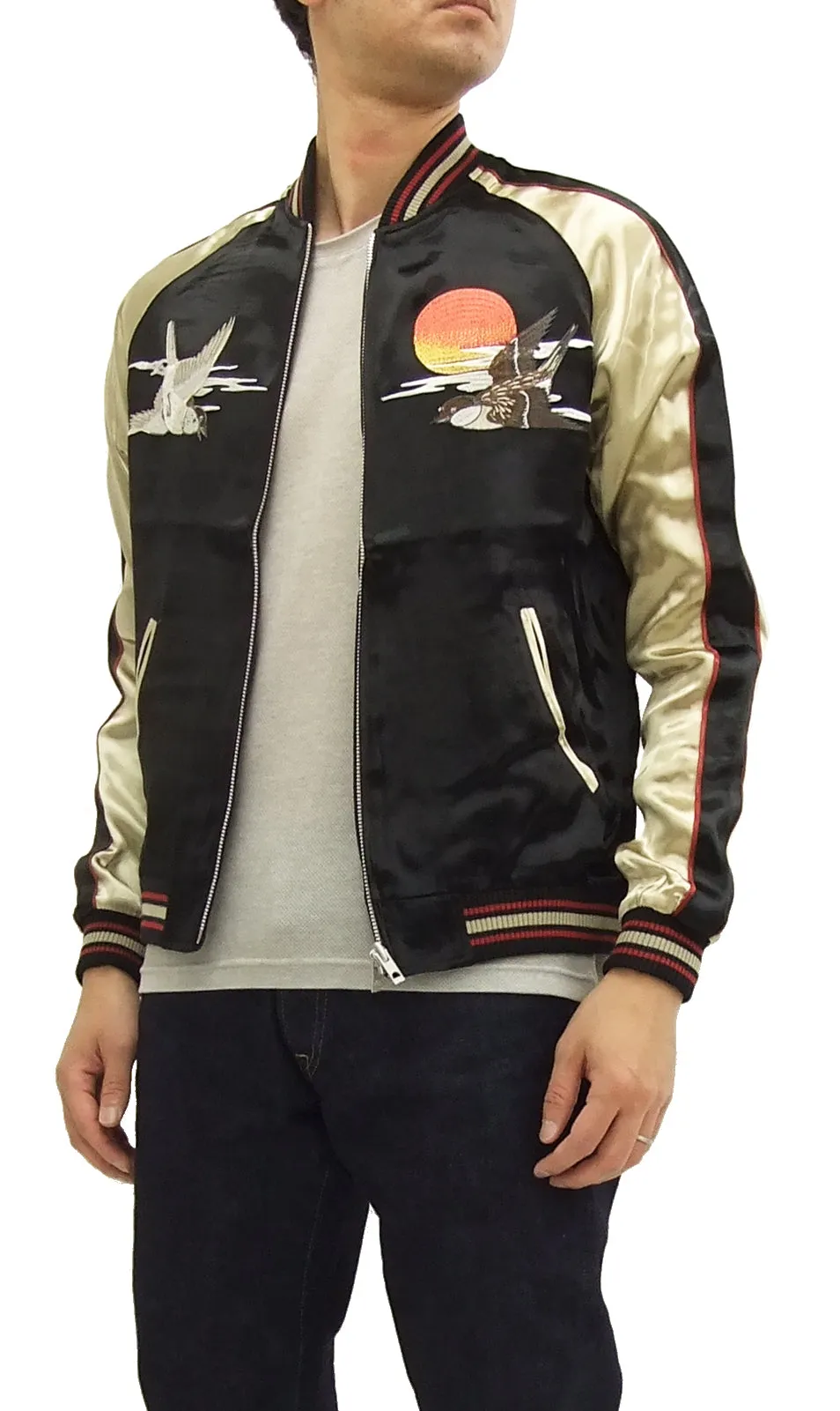 Japanesque Script Japanese Souvenir Jacket 3RSJ-034 Sparrows Men's Sukajan Black/Gold