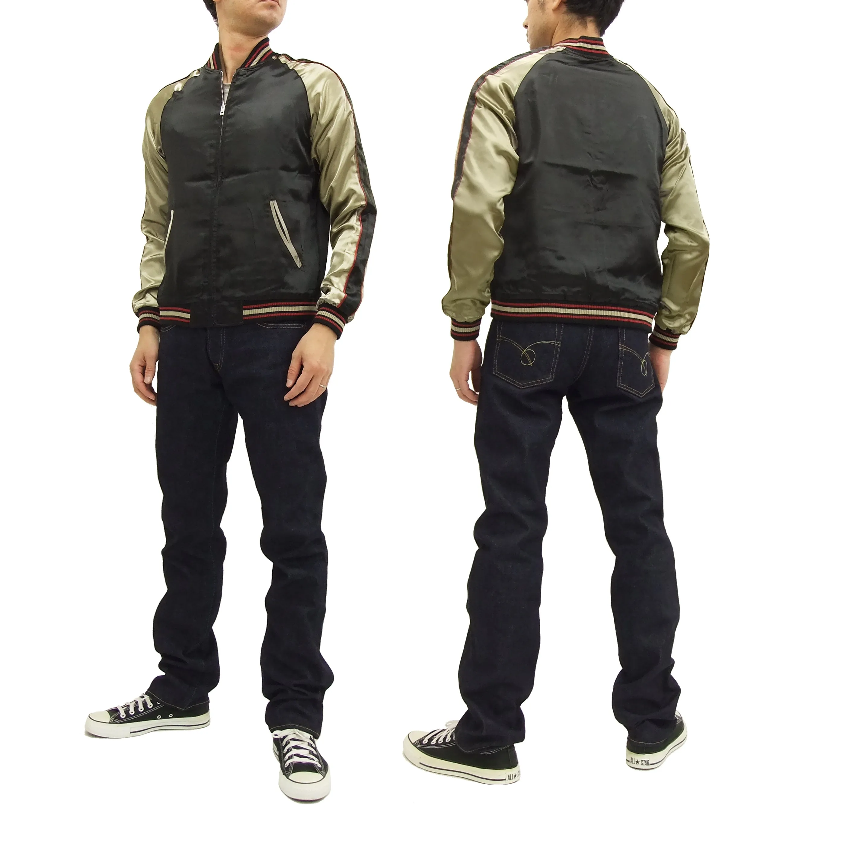 Japanesque Script Japanese Souvenir Jacket 3RSJ-034 Sparrows Men's Sukajan Black/Gold