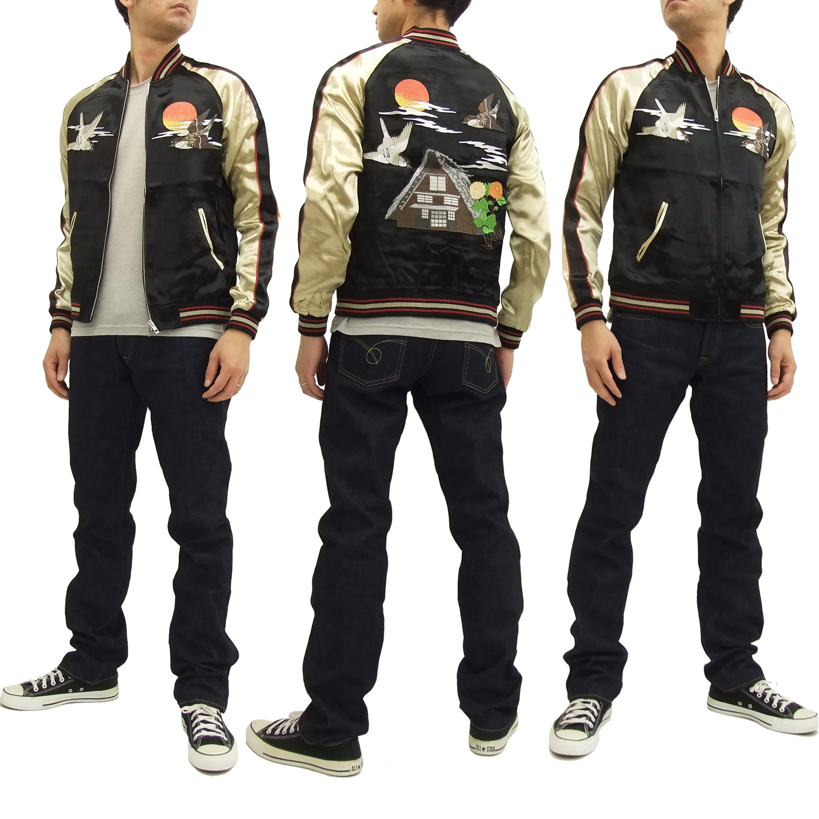 Japanesque Script Japanese Souvenir Jacket 3RSJ-034 Sparrows Men's Sukajan Black/Gold