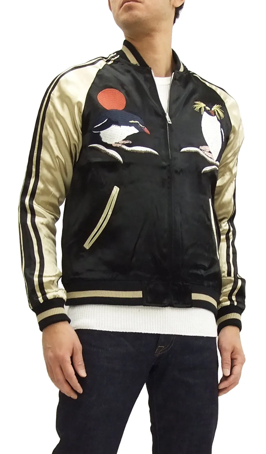 Japanesque Script Japanese Souvenir Jacket 3RSJ-036 Penguin Men's Sukajan Black/Gold